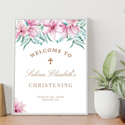 Roze florale waterverf Christening welkomstteken Poster