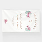 Roze florale waterverf Christening welkomstteken Spandoek (Horizontaal)