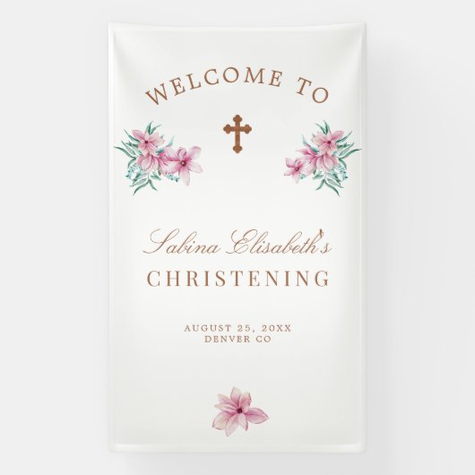 Roze florale waterverf Christening welkomstteken Spandoek (Verticaal)