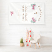 Roze florale waterverf Christening welkomstteken Spandoek (Insitu)