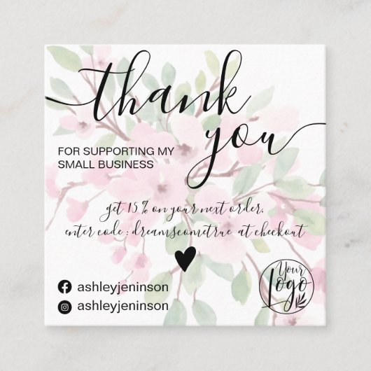 Roze florale waterverf girale bestelling vierkante visitekaartje (Voorkant)