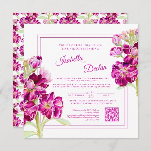 Roze florale waterverf live stream bruiloft QR Cod Kaart (Voorkant / Achterkant)