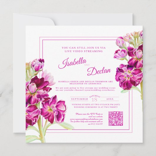 Roze florale waterverf live stream bruiloft QR Cod Kaart (Voorkant)
