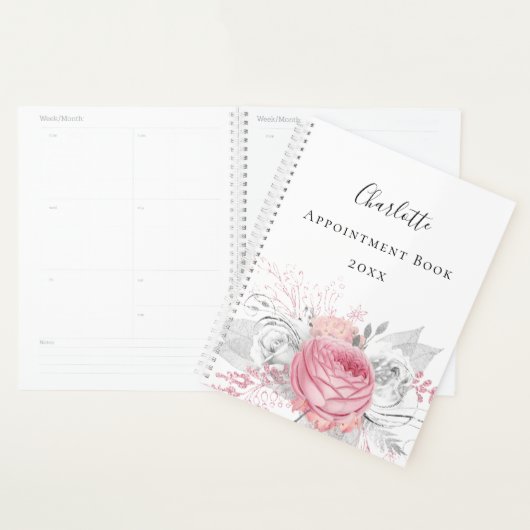 Roze florale zilverfoliage, wit naamplaatje 2022 planner (Display)