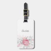 Roze florale zilverfolie witte benaming elegant bagagelabel (Voorkant verticaal)