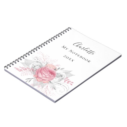 Roze florale zilverfolie witte benaming elegant notitieboek (Linkerzijde)