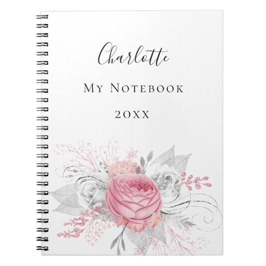 Roze florale zilverfolie witte benaming elegant notitieboek (Voorkant)