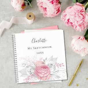 Roze florale zilverfolie, witte benaming notitieboek