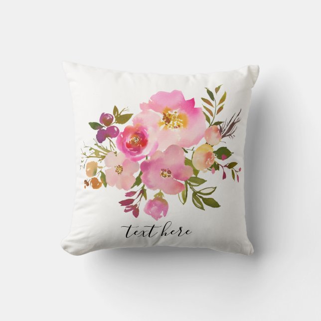 roze florale, zoete, Romantische Waterverf Bloem, Kussen (Voorkant)