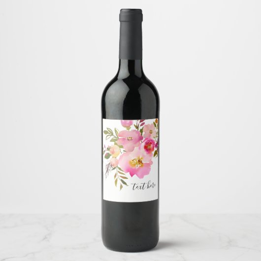 roze florale, zoete, Romantische Waterverf Bloem, Wijn Etiket (Voorkant)