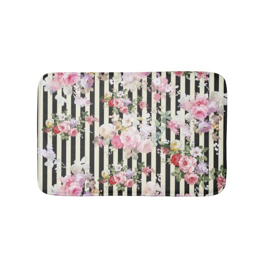  roze florale zwarte strepen patroon badmat (Voorkant)