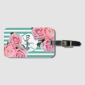 Roze floralen groene witte strepen monogram bagagelabel (Voorkant (horizontaal))