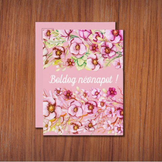 Roze floralen - Hongaarse naamdag Briefkaart