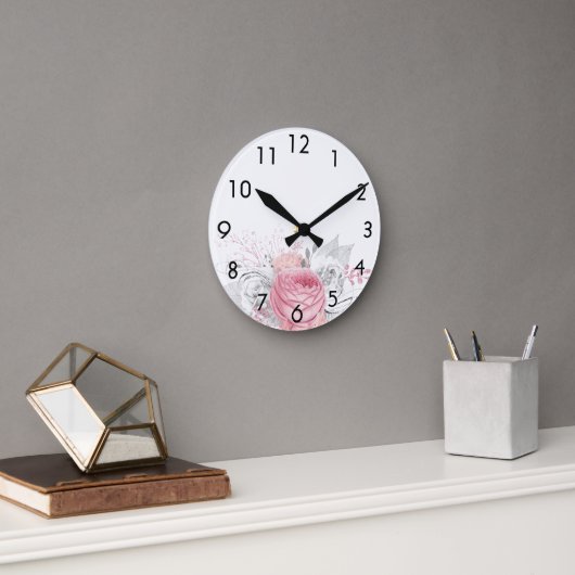Roze floralen roos witte elegant ronde klok (Kantoor)