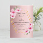 Roze florals goud geometrische bruiloft kaart (Staand voorkant)