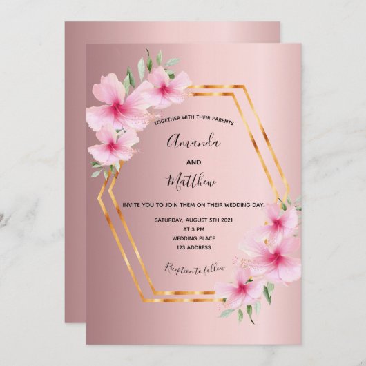 Roze florals goud geometrische bruiloft kaart (Voorkant / Achterkant)