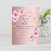 Roze florals goud geometrische bruiloft kaart (Staand voorkant)