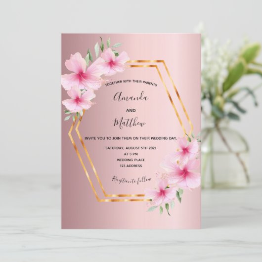 Roze florals goud geometrische bruiloft kaart (Staand voorkant)
