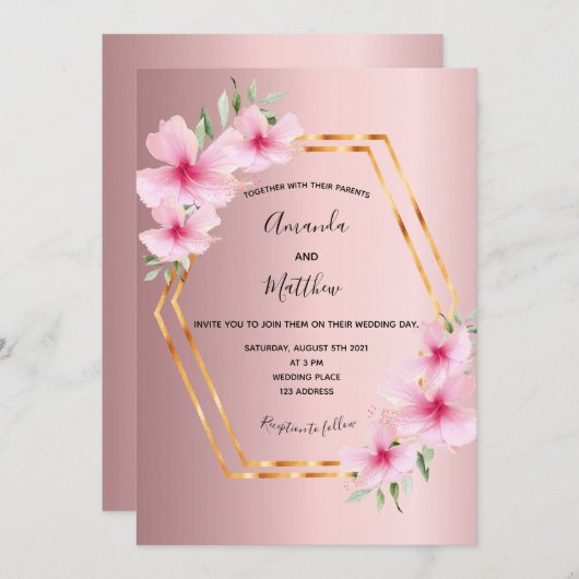Roze florals goud geometrische bruiloft kaart (Voorkant / Achterkant)