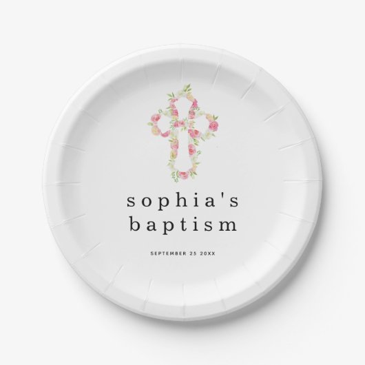 Roze Florals Kruisnaam Datum Meisje Baptisme Papie Papieren Bordje (Voorkant)