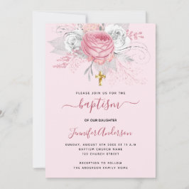Roze florals meisje gouden kruis doopsel kaart