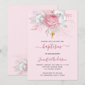 Roze florals meisje gouden kruis doopsel kaart (Voorkant / Achterkant)