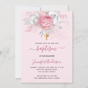 Roze florals meisje gouden kruis doopsel kaart