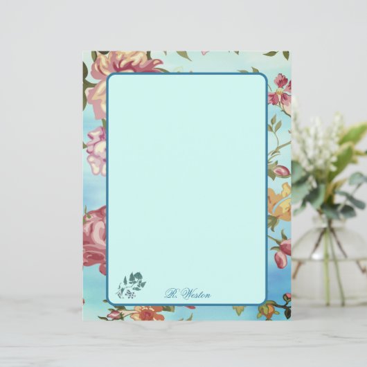 Roze Florals op Blauw Gepersonaliseerd (Staand voorkant)