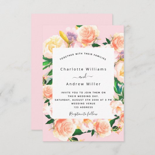 Roze florals roos gouden bruiloft kaart (Voorkant / Achterkant)