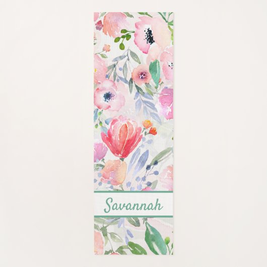 Roze florals roos gouden witte naam yogamat (Voorkant)