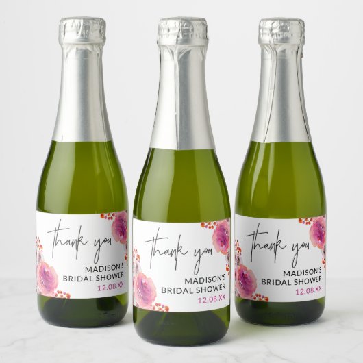 Roze Florals Vrijgezellenfeest Hartelijk dank Sparkling Wijnetiket (Flessen)