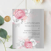 Roze florals zilveren budget bruiloft uitnodiging