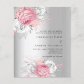 Roze florals zilveren budget bruiloft uitnodiging (Voorkant)