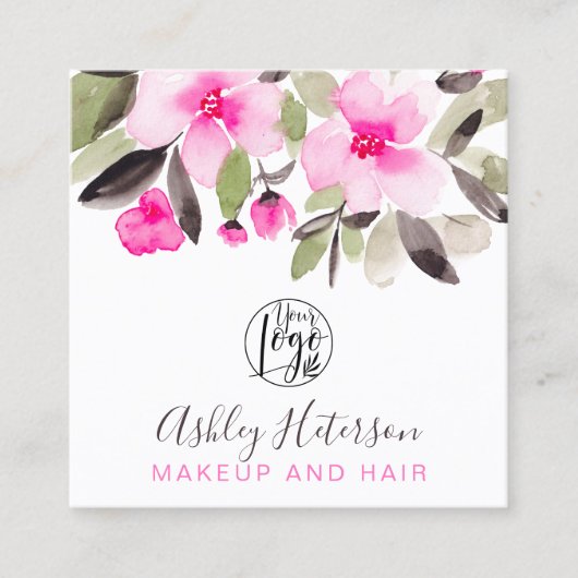 roze florchic qr code logo hair make - up vierkante visitekaartje (Voorkant)