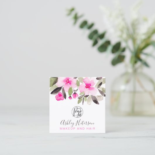 roze florchic qr code logo hair make - up vierkante visitekaartje (Staand voorkant)