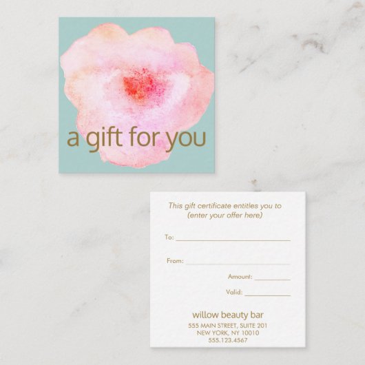 Roze Florence-Waterverf Cadeaubon Vierkante Visitekaartje (Voorkant / Achterkant)