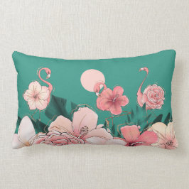Roze Florida Flamingo's Tropische bloemen op Blauw Kussen