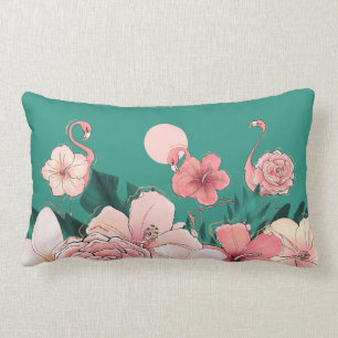Roze Florida Flamingo's Tropische bloemen op Blauw Kussen