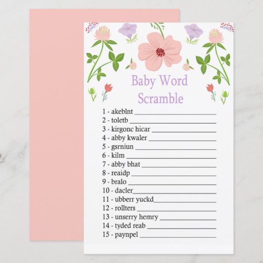 Roze Flowers Baby word scramble game (Voorkant / Achterkant)