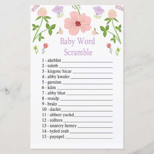 Roze Flowers Baby word scramble game (Voorkant)