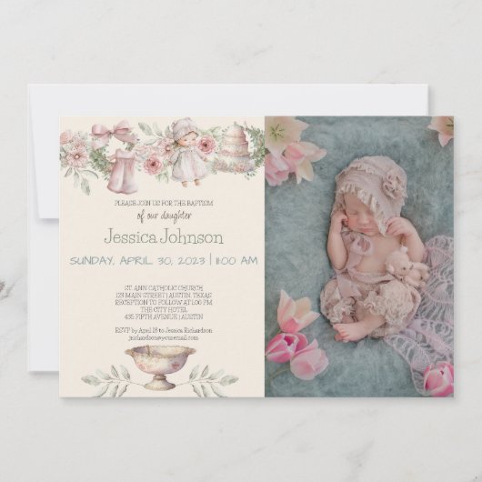 Roze Flowers Girls Baptism Invitation Kaart (Voorkant)