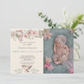 Roze Flowers Girls Baptism Invitation Kaart (Staand voorkant)