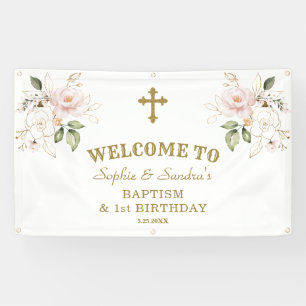 Roze Flowers Girls Twins 1st Birthday Welcome Sign Spandoek