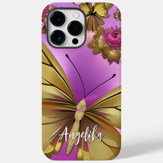 Roze Flowers Gold Butterflies - Gepersonaliseerde  Case-Mate iPhone Case (Achterkant)