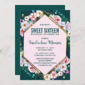 Roze Flowers Gold Trim Emerald Jade Sweet 16 Kaart (Voorkant / Achterkant)