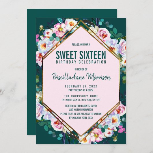 Roze Flowers Gold Trim Emerald Jade Sweet 16 Kaart (Voorkant / Achterkant)