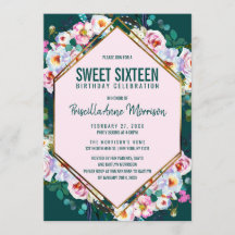 Roze Flowers Gold Trim Emerald Jade Sweet 16