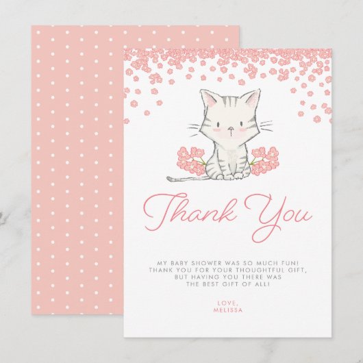Roze Flowers Kitten Girl Baby shower Bedankkaart (Voorkant / Achterkant)