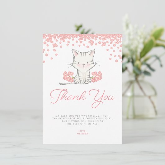 Roze Flowers Kitten Girl Baby shower Bedankkaart (Staand voorkant)