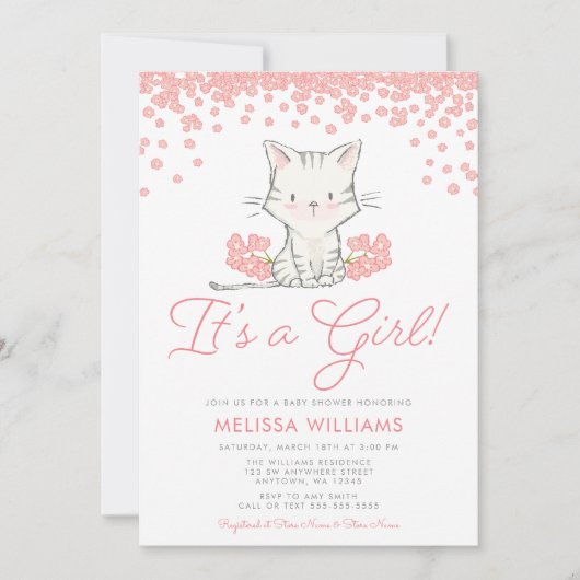 Roze Flowers Kitten Girl Baby shower Kaart (Voorkant)